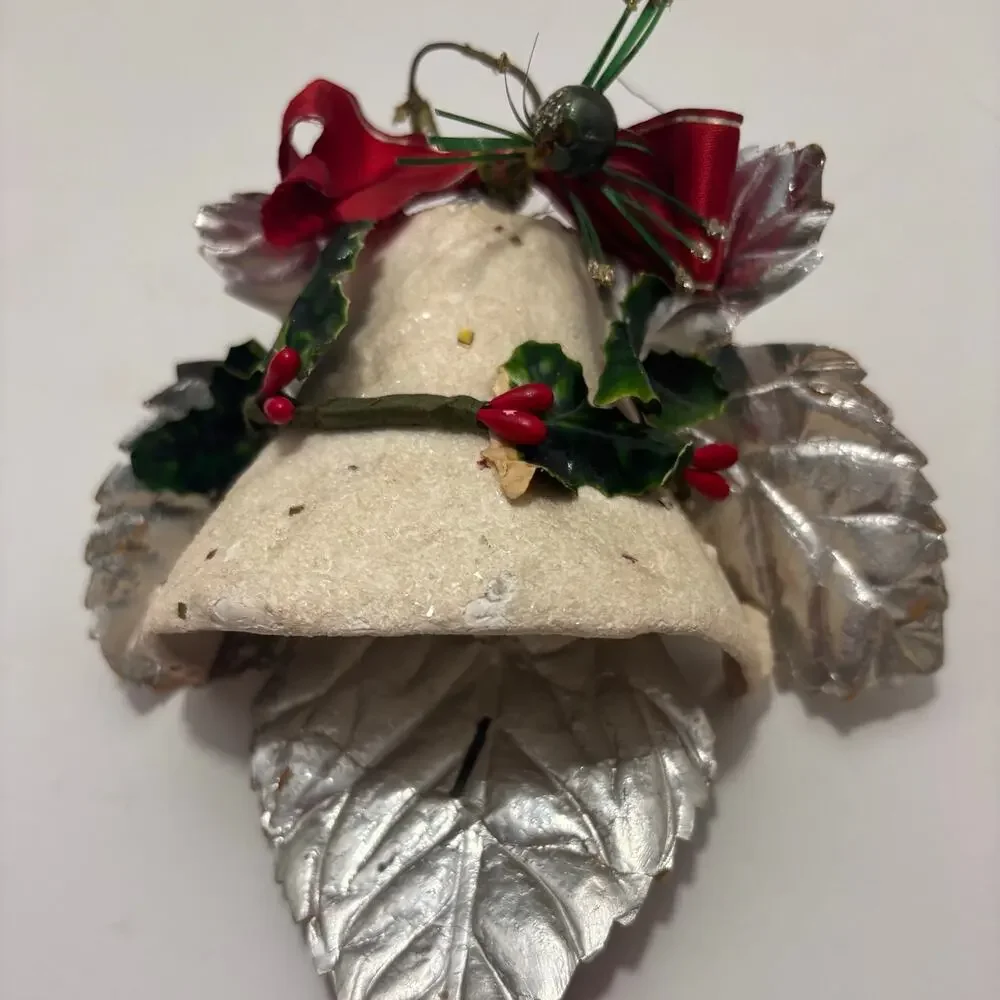 Vintage Paper Mache Christmas Jingle Bell Door Hanger, 21” MCM Celluloid Ribbon
